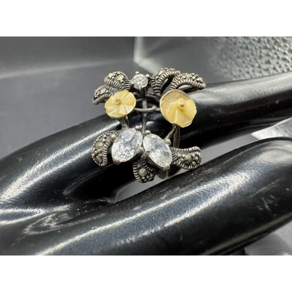 Vintage CFJ Thai Mother Of Pearl Marcasite CZ Sterling Silver 925 Ring Size 7.5